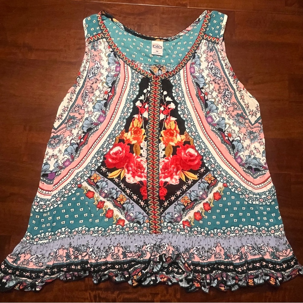 Bila bohemian Multicolor Floral ruffle blouse Tank Top size medium